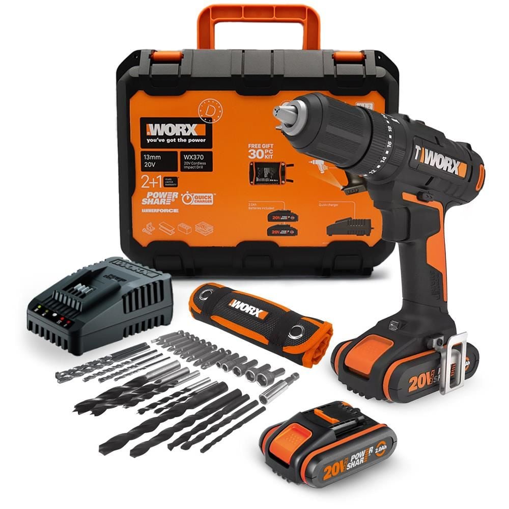 WORX WX370 Çift Akülü Profesyonel Şarjlı Darbeli Matkap 20Volt/2Ah. + 30 Parça Aksesuar Seti