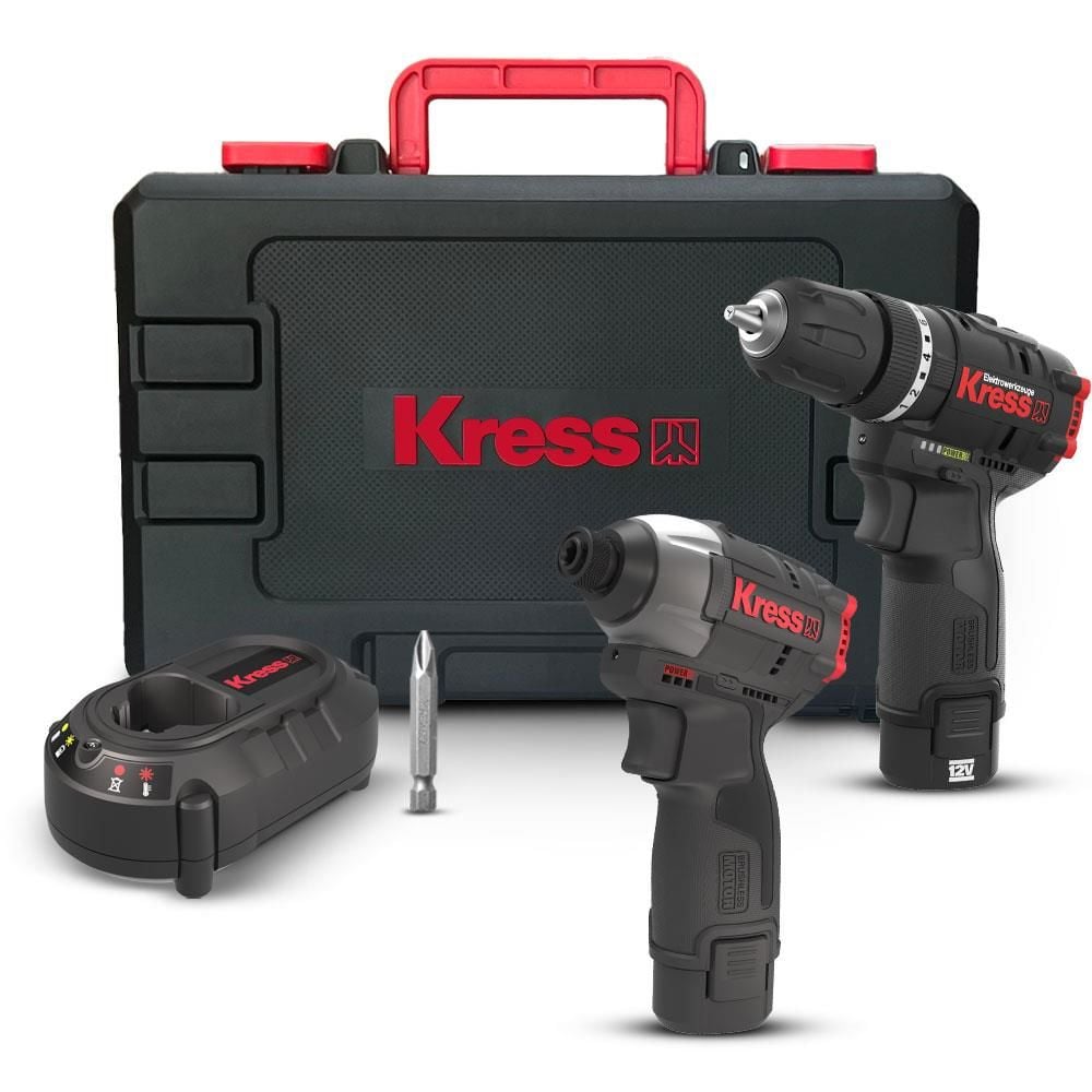 Kress KUG02 Çift Akülü Şarjlı Darbeli Matkap 12Volt/2.0Ah + Kömürsüz Darbeli Tornavida Set