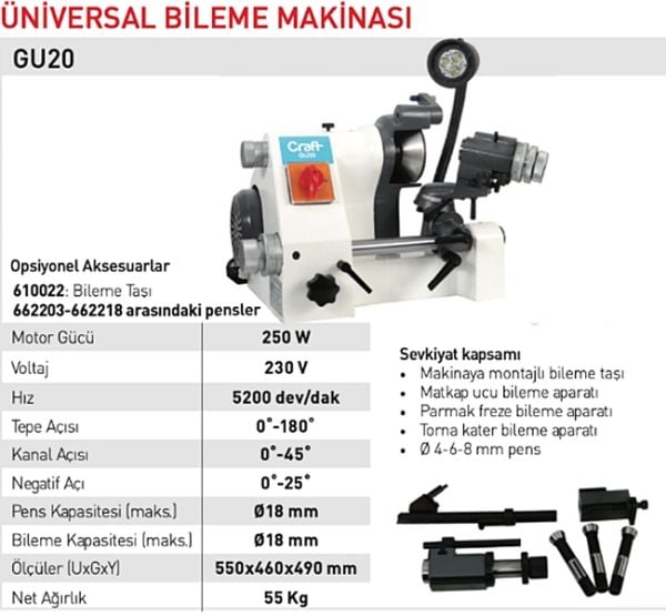 Ozco GU20  Üniversal Matkap Ucu Bileme Makinası Ø18 mm