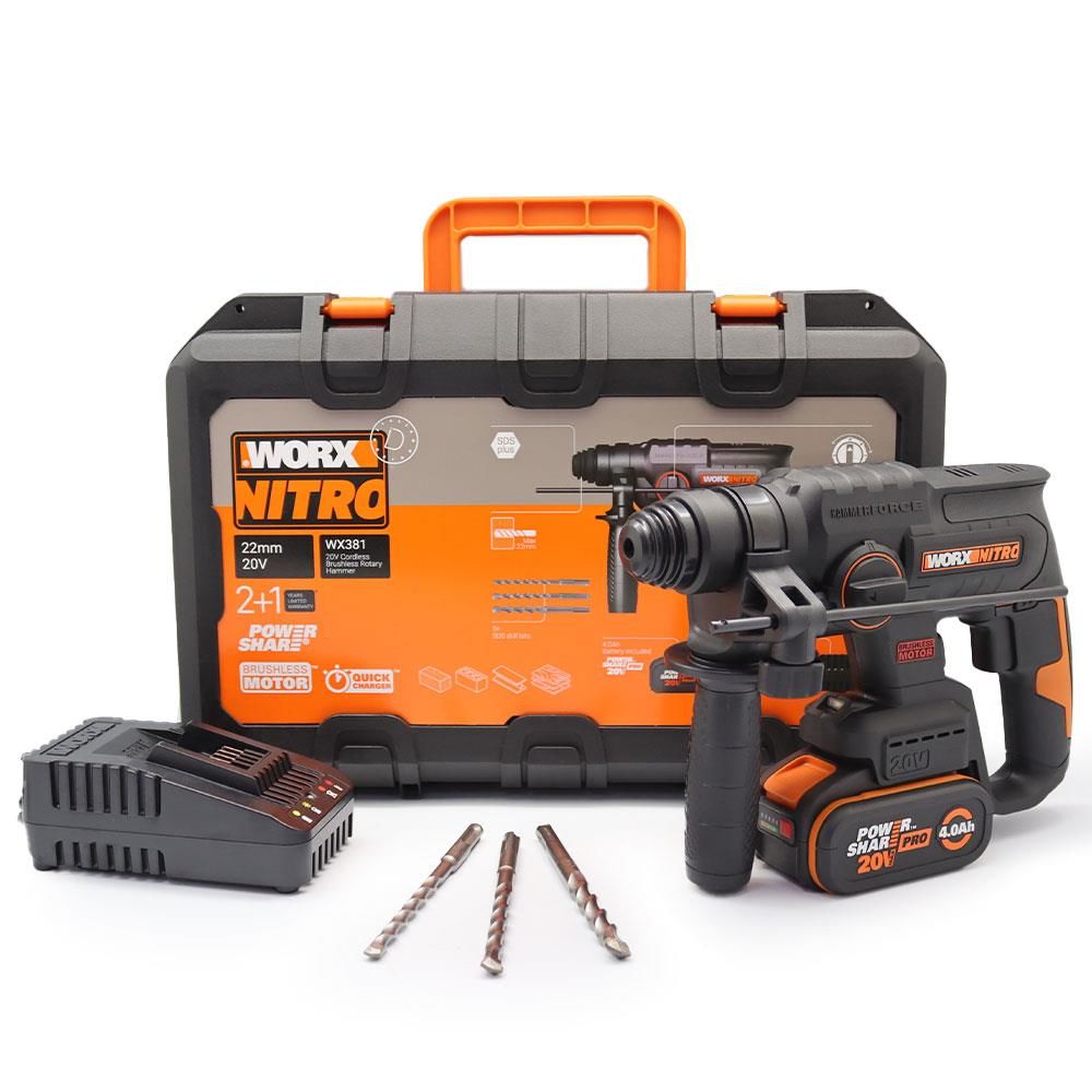 WORX WX381 Li-ion Tek Akülü Şarjlı Profesyonel Pnömatik Kırıcı ve Delici SDS-Plus 20Volt 4.0Ah. 2J + 3 Parça Delme Ucu