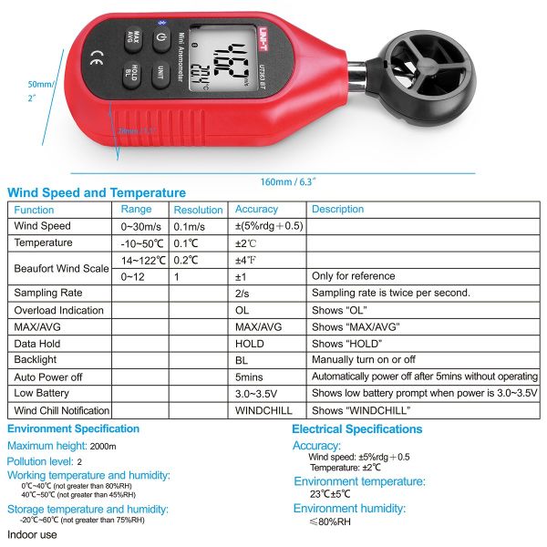 Unı-T UT363BT Bluetooth Bağlantılı Mini Rüzgar Ölçer