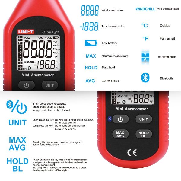 Unı-T UT363BT Bluetooth Bağlantılı Mini Rüzgar Ölçer