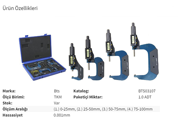 BTS BTS03107 4'lü Dijital Mikrometre Seti