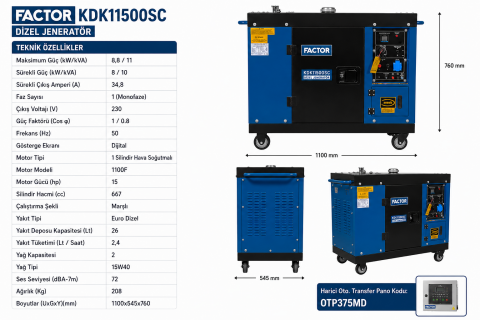 Factor KDK11500SC Monofaze Dizel Jeneratör 11 kVA Marşlı