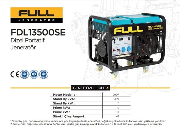 Full FDL13500SE Dizel Jeneratör 13,75 kVA Marşlı Monofaze