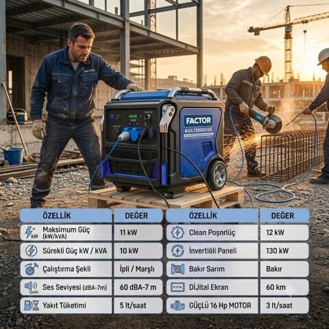 Factor KGL13500iSE 11 kW İnvertörlü Benzinli Jeneratör Sessiz İpli Marşlı - Kesintisiz & Temiz Enerji