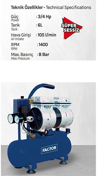 Factor EWS 6 Yağsız Sessiz Hava Kompresörü 6 Litre | 8 Bar