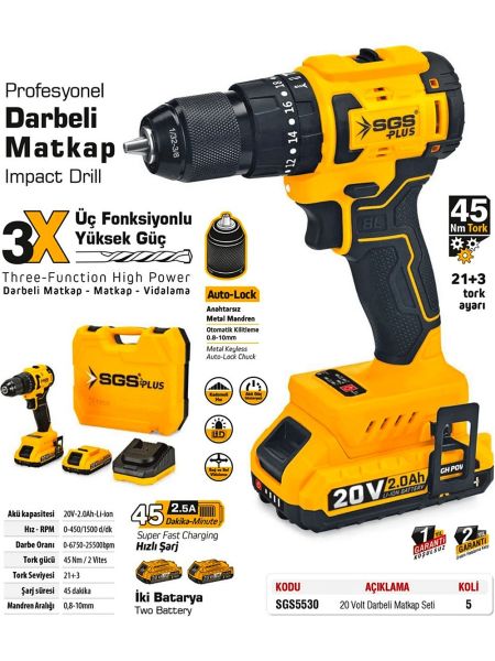 SGS Profesyonel 2 Vites Kömürsüz Motor Şarjlı Darbeli Matkap Seti 20V / 45Nm / 2,0 Ah( Çift Akü )