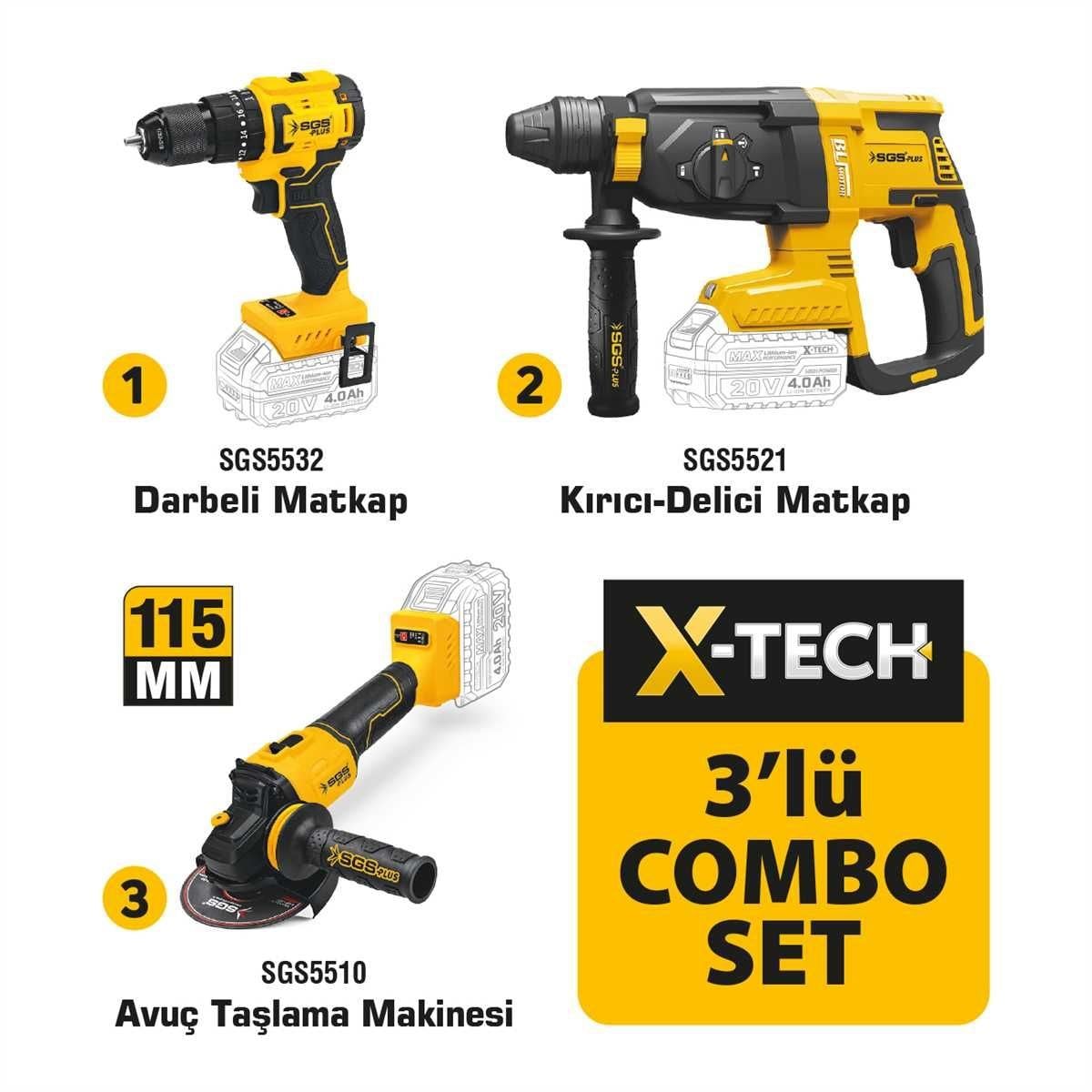 SGS X-Tech Combo Set Çift Akülü Darbeli Matkap, Şarjlı Vidalama Kırıcı Delici , Şarjlı Avuç Taşlama ,15 parça Aksesuar
