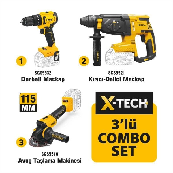 SGS X-Tech Combo Set Çift Akülü Darbeli Matkap, Şarjlı Vidalama Kırıcı Delici , Şarjlı Avuç Taşlama ,15 parça Aksesuar