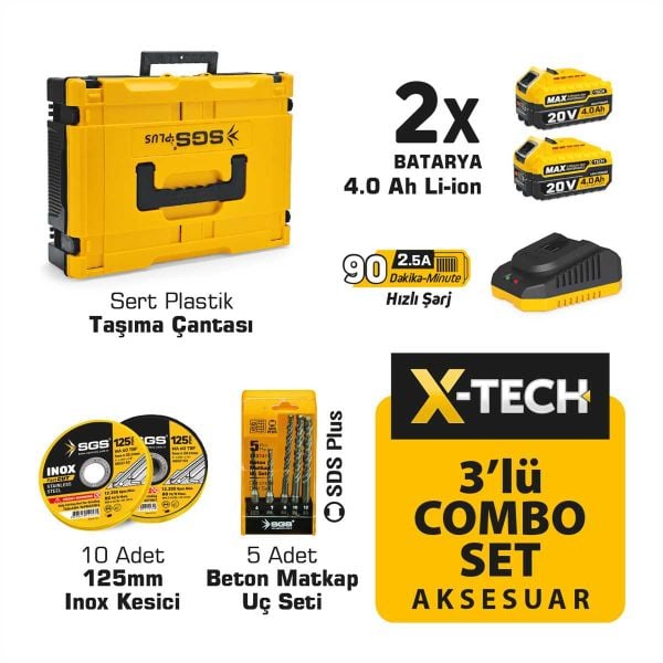 SGS X-Tech Combo Set Çift Akülü Darbeli Matkap, Şarjlı Vidalama Kırıcı Delici , Şarjlı Avuç Taşlama ,15 parça Aksesuar