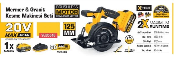 SGS Li-İon Akülü Kömürsüz Motor Şarjlı Granit Mermer Kesici 20V / 4,0 ah