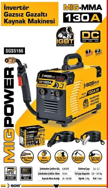 SGS SGS5166 İnvertör MIG-MMA Gazsız Gazaltı Kaynak Makinesi 130A-IGBT Teknoloji