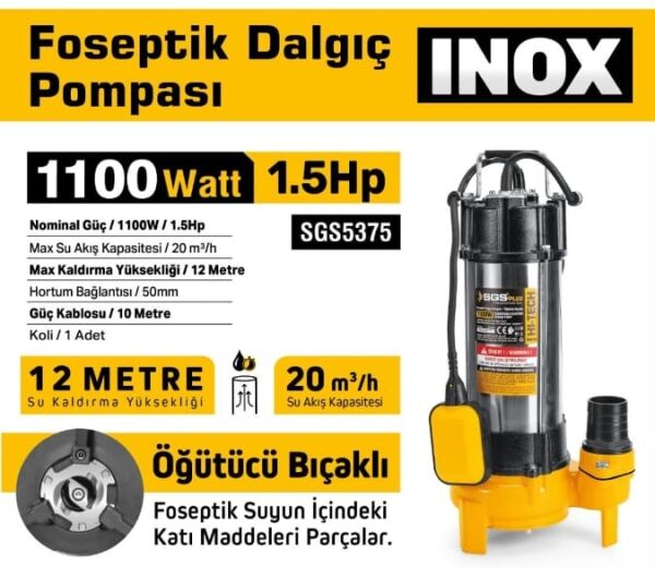 SGS SGS5375 İnox Foseptik Dalgıç Pompa Kirli Su 1100W / 1.5Hp - Öğütücü Bıçaklı