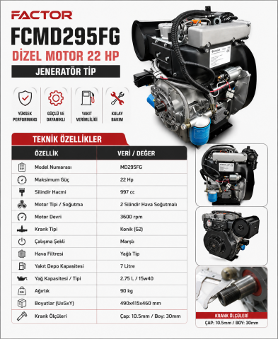 Factor FCMD295FG 22 HP Dizel Motor | Jeneratör Tip, Marşlı Konik Profesyonel Dizel Motor