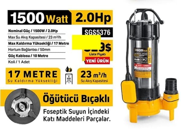 SGS SGS5376 İnox Foseptik Dalgıç Pompa Kirli Su 1500W / 2.0 Hp - Öğütücü Bıçaklı