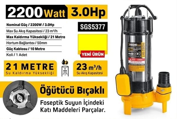 SGS SGS5377 İnox Foseptik Dalgıç Pompa Kirli Su 2200W / 3.0 Hp - Öğütücü Bıçaklı