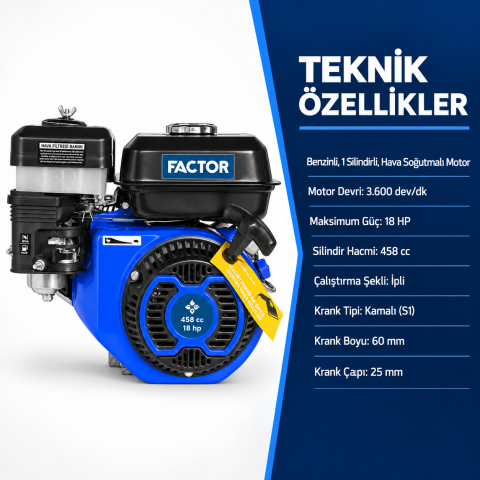 Factor MG460 18 HP Benzinli Motor – İpli Çalıştırma, Kamalı Mil