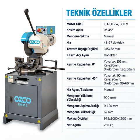 Ozco DW315 Profesyonel Daire Testere Makinesi | Çift Mengene, 1.3–1.8 kW, 380 V