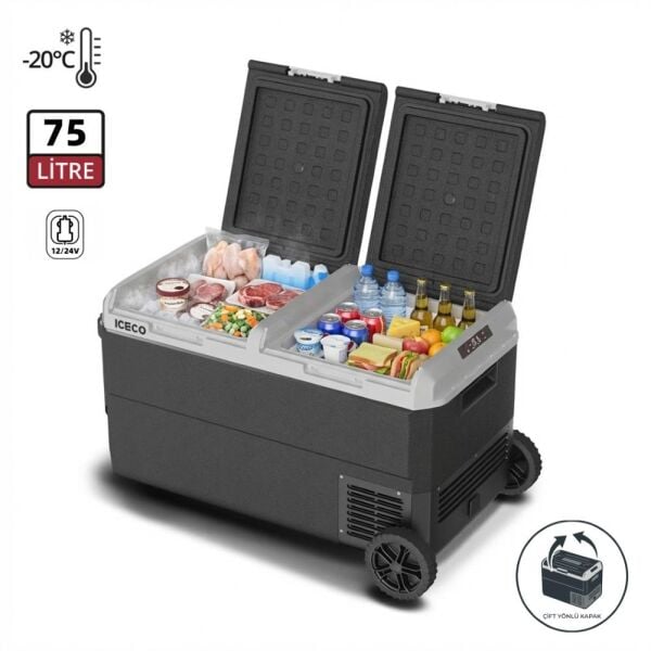 ICECO MCD75D 75 Litre Kompresörlü Çift Bölmeli Oto Buzdolabı/Dondurucu 12/24V – Tekerlekli Outdoor Soğutucu