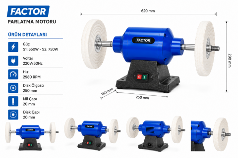 Factor FCOBP250 250 mm Parlatma Makinası | 750W Profesyonel Polisaj ve Metal Yüzey Parlatma Makinesi