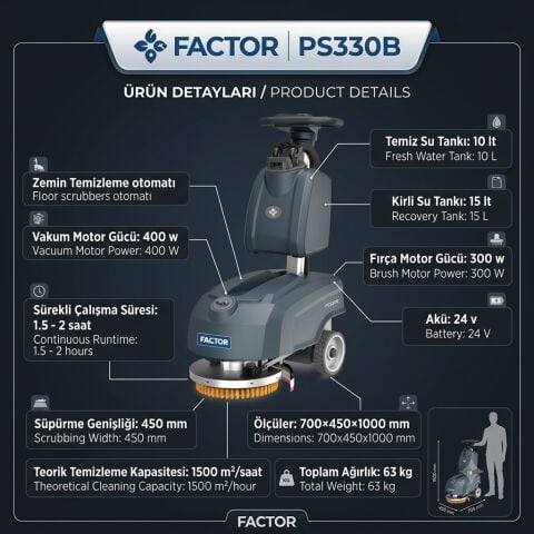 Factor PS330B 15 L Akülü Zemin Temizleme Otomatı 33 cm | Profesyonel Yer Yıkama Makinesi