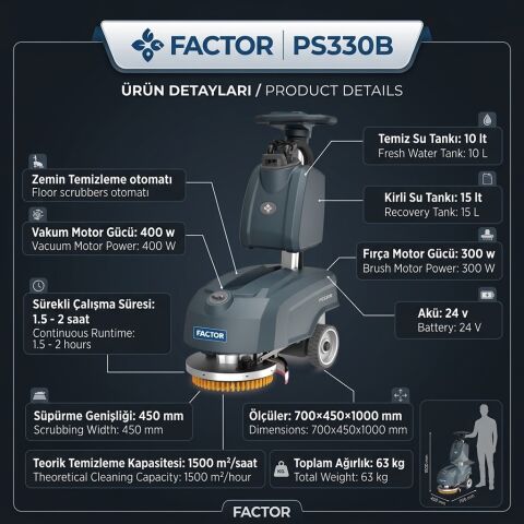 Factor PS330B 15 L Akülü Zemin Temizleme Otomatı 33 cm | Profesyonel Yer Yıkama Makinesi