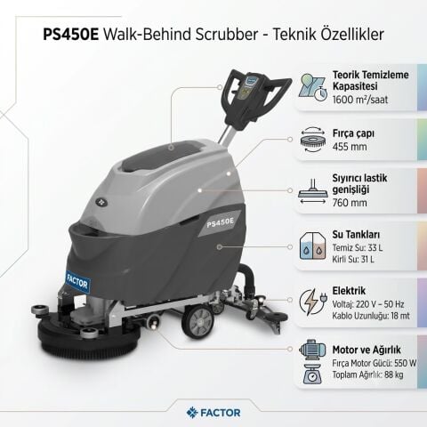 Factor FCPS450E 35 LT Elektrikli Zemin Temizleme Otomatı 45 cm | Profesyonel Yer Yıkama Makinesi