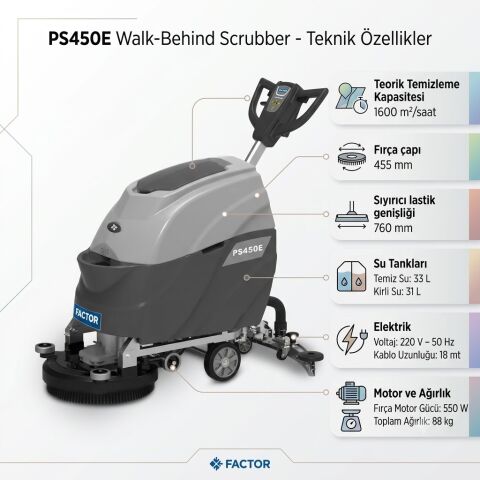 Factor FCPS450E 35 LT Elektrikli Zemin Temizleme Otomatı 45 cm | Profesyonel Yer Yıkama Makinesi