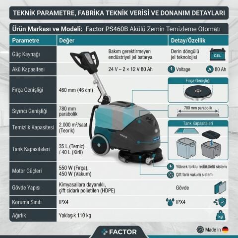Factor FCPS460B 24 L Akülü Zemin Temizleme Otomatı 46 cm | Profesyonel Yer Yıkama Makinesi