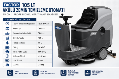 Factor PS750B 105 LT Akülü Zemin Temizleme Otomatı 75 cm | Profesyonel Yer Yıkama Makinesi