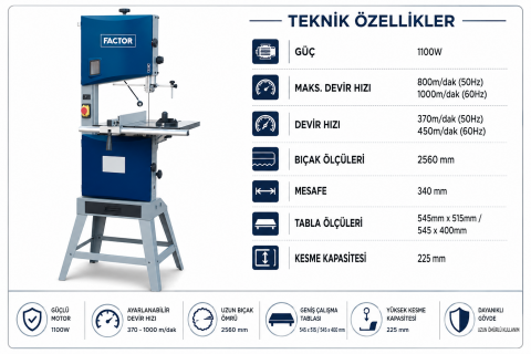 Factor FCWT340 Profesyonel Ahşap Şerit Testere Makinası 340 mm - Güçlü Motor