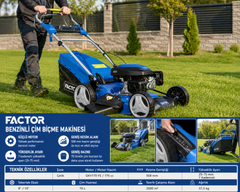 Factor UMS51 51 cm Benzinli Çim Biçme Makinesi – Şanzımanlı, Yüksek Performanslı Kesim