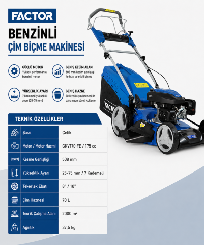 Factor UMS51 51 cm Benzinli Çim Biçme Makinesi – Şanzımanlı, Yüksek Performanslı Kesim