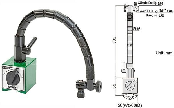Insize 6207-80A Bükülebilir Kollu Manyetik Stand – 80 kgf Güçlü Mıknatıs, Esnek Kol Yapısı