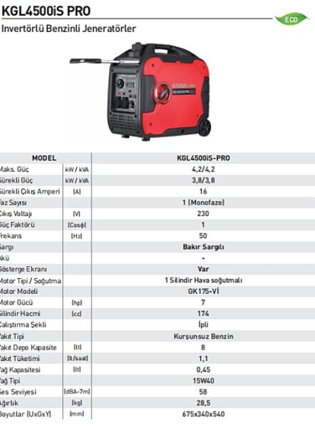 Kama KGL4500IS PRO 4.2 kW İnvertörlü Benzinli Jeneratör – Sessiz, Taşınabilir, Monofaze