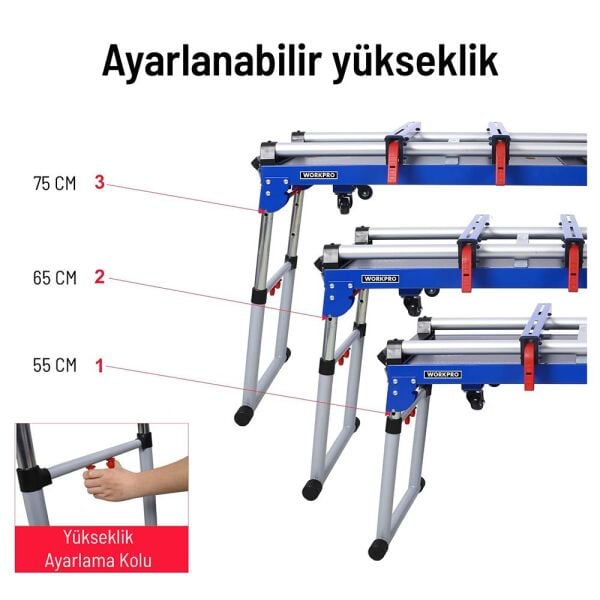 WORKPRO WP289020 4’ü 1 Arada Profesyonel Çalışma Tezgâhı | 150 Kg Kapasiteli, Tekerlekli