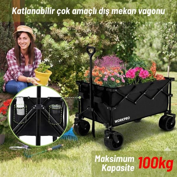 WORKPRO WP285016 Katlanabilir Taşıma Arabası 100Kg Kapasite | 4 Tekerlekli Ağır Hizmet El Arabası ve Plaj Arabası