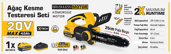 SGS SGS5320 Kömürsüz Motorlu Akülü Ağaç Kesme Testeresi | 20V 1×4.0Ah – 25 cm Pala