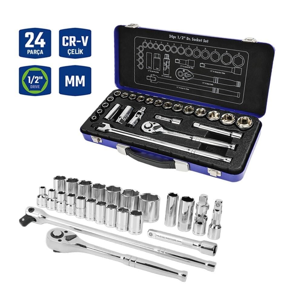 WORKPRO WP202564 1/2 İnç Cr-V Lokma Seti 24 Parça Metrik – Profesyonel Ağır Hizmet Lokma Takımı