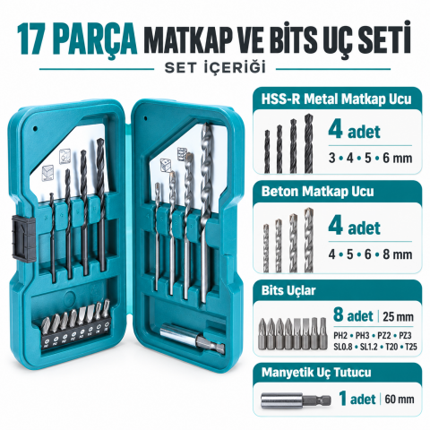 Makita D-40200 17 Parça Çantalı Matkap Ucu ve Vidalama Uç Seti