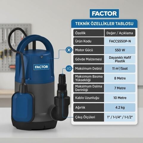 Factor CS550P-N 550W Plastik Gövdeli Temiz Su Drenaj Pompası