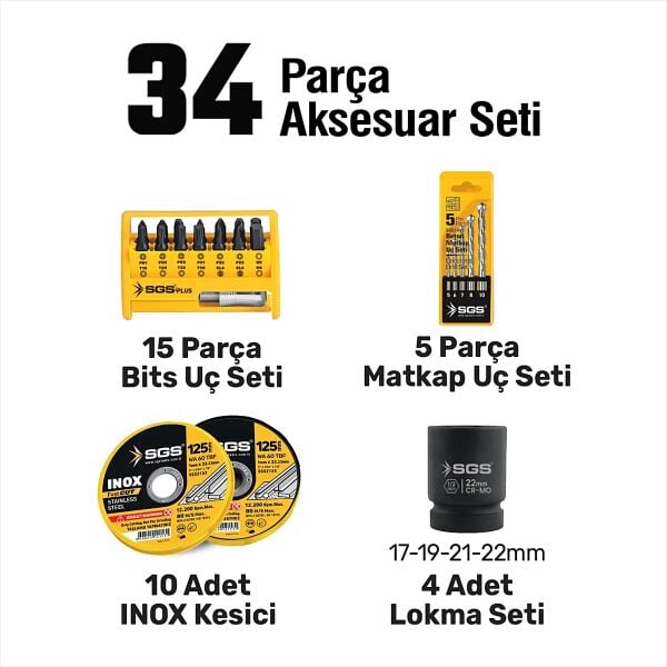 SGS SGS5451 5 Parça Profesyonel Akülü Combo Set – Darbeli Matkap, Kırıcı Delici, Avuç Taşlama, Somun Sıkma ve LED Fener Seti