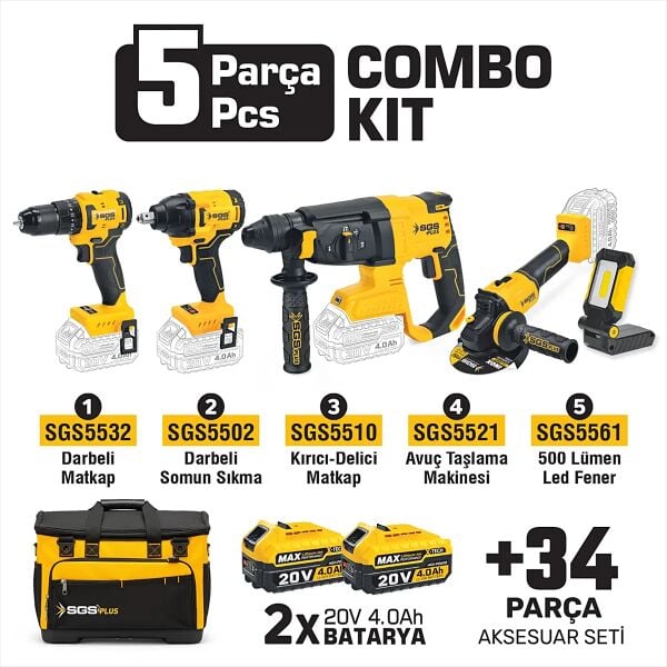 SGS SGS5451 5 Parça Profesyonel Akülü Combo Set – Darbeli Matkap, Kırıcı Delici, Avuç Taşlama, Somun Sıkma ve LED Fener Seti