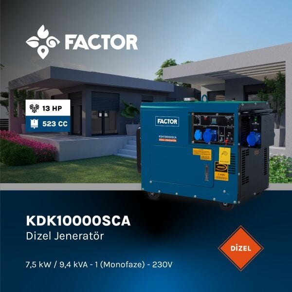 Factor KDK10000SCA Otomatik Kabinli Dizel Jeneratör 9,4 Kwa Marşlı