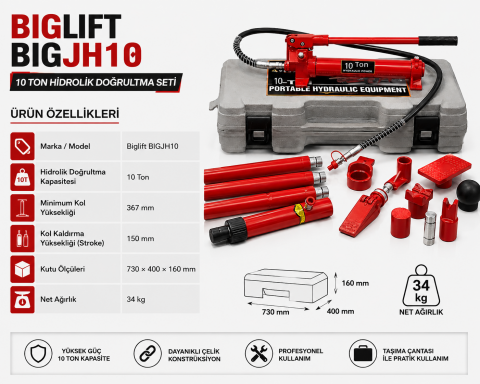 Biglift BIGJH10 10 Ton Hidrolik Doğrultma Seti | Profesyonel Kaporta ve Şasi Doğrultma Takımı