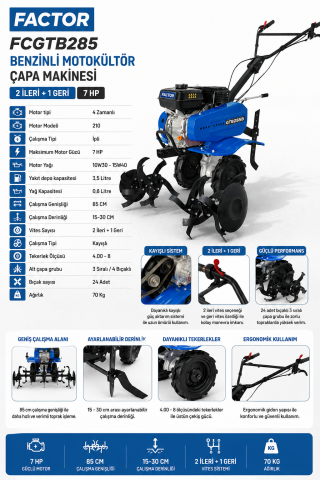 Factor FCGTB285 7 HP Benzinli Motokültör Çapa Makinesi | Kayışlı 2 İleri 1 Geri Profesyonel Toprak İşleme