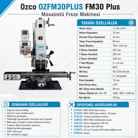 Ozco FM30 Plus Masaüstü Freze Makinesi | Profesyonel Metal İşleme Frezesi