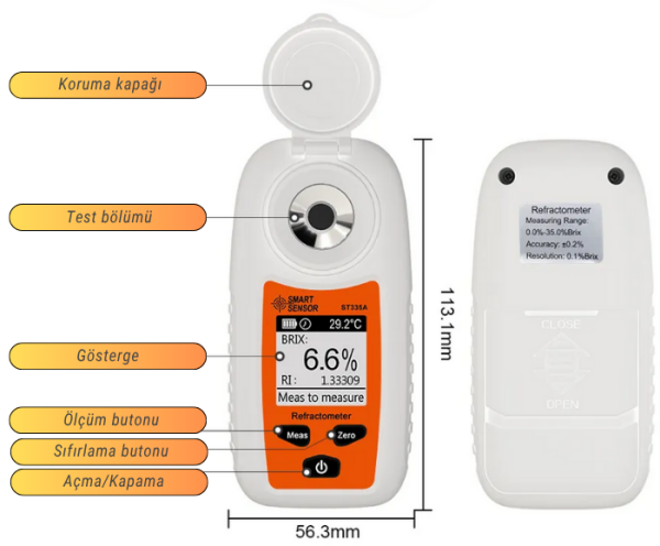 Smart Sensor ST355A Şeker Ölçer Dijital Refraktometre | Meyve Bal Şıra Gıda | 0-55 Brix