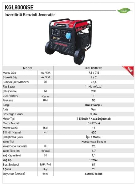 Kama By Reis KGL8000iSE İnvertörlü Benzinli Jeneratör 7,5 kWa
